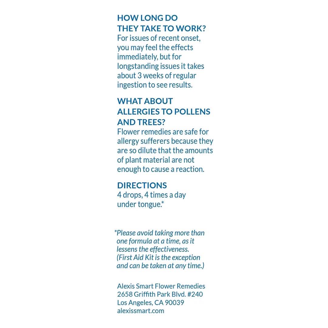 Alexis Smart | I Will | Directions Image - directions, FAQs, dosage instructions, and product information in blue text on a white background