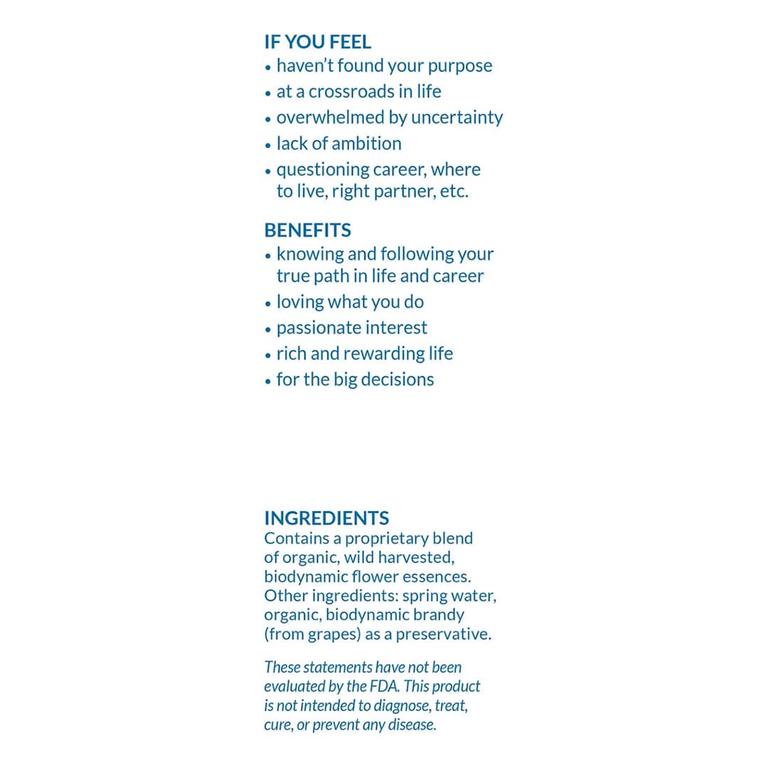 Alexis Smart | Soul Purpose | Benefits & Ingredients - informational graphic highlighting support for life direction, purpose, and decision-making, along with flower essence ingredients, in blue text on a white background