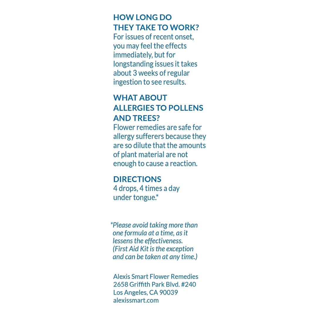 Alexis Smart | Soul Purpose | Directions - informational graphic featuring FAQs, recommended dosage, allergy information, and usage directions in blue text on a white background