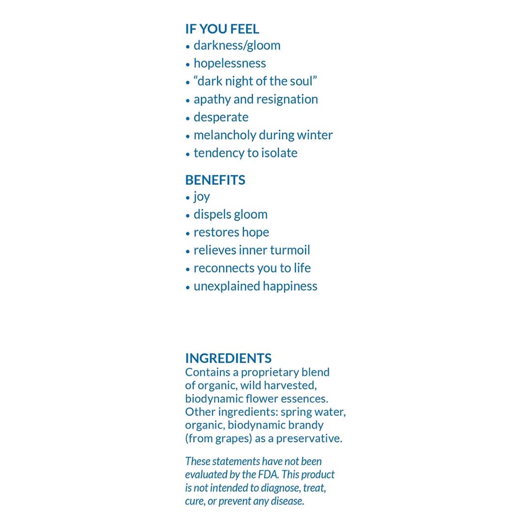 Alexis Smart | Sunshine | Benefits & Ingredients - informational graphic highlighting emotional wellness benefits, including joy, hope, and positivity, along with flower essence ingredients in blue text on a white background