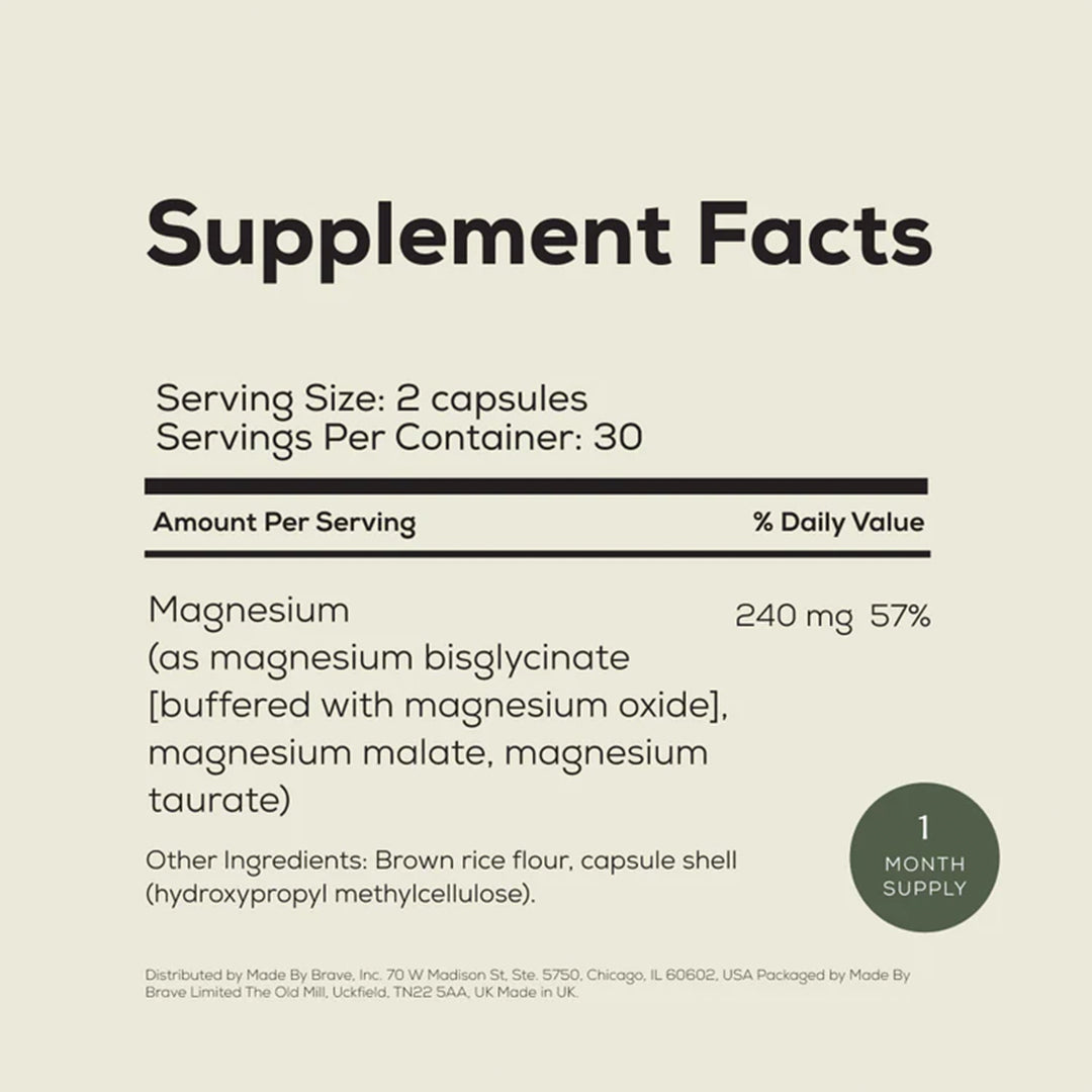 Ancient + Brave | Triple Magnesium+ Capsules | Supplement Facts Panel - supplement facts panel showing serving size, magnesium content, and other ingredients