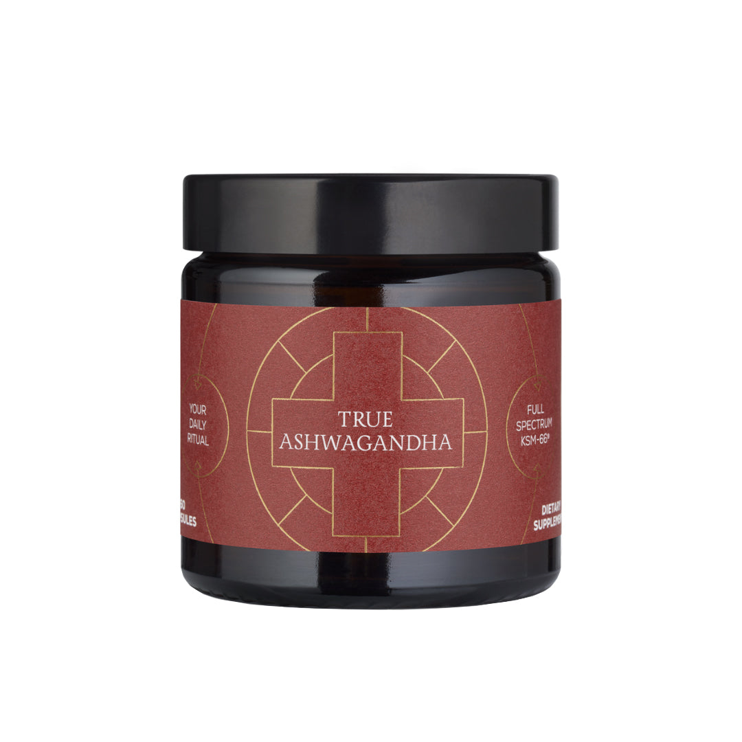 Ancient + Brave | True Ashwaganda | Product Image - brown jar with red label on a white background