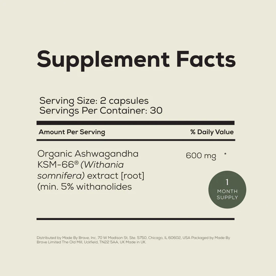 Ancient + Brave | True Ashwagandha | Supplement Facts Image - 1-month supply showing serving size, organic KSM-66® ashwagandha extract, and amount per serving