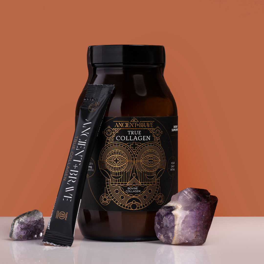Ancient + Brave | True Collagen | Jar + Single-Serve sachet Image - jar and sachet with crystal accents on a warm-toned background