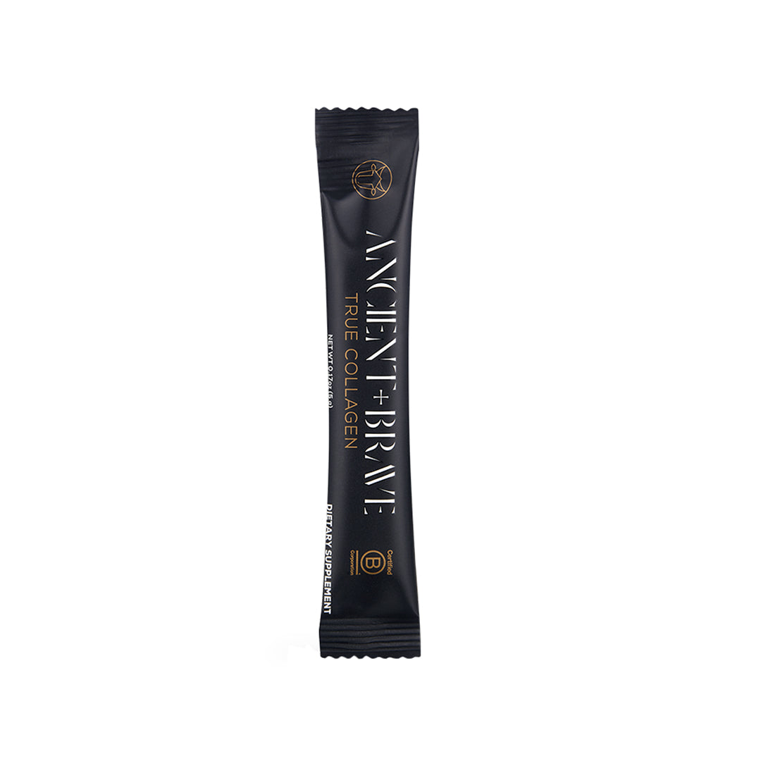 Ancient + Brave | True Collagen | Sachet Product Image - single sachet in dark packaging shown on a white background