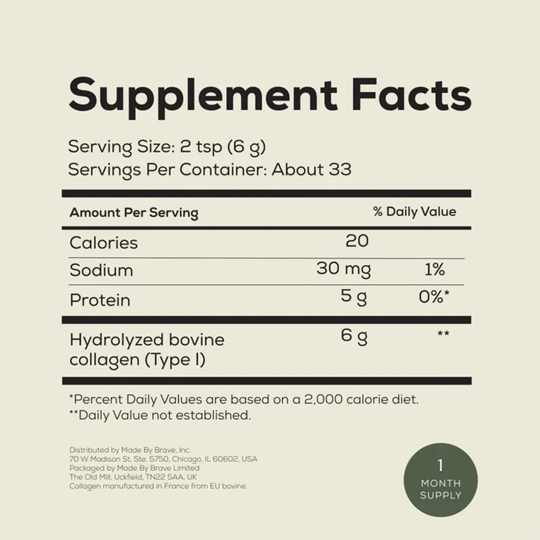 Ancient + Brave | True Collagen | Supplement Facts 1-month Supply Image - Supplement Facts panel showing serving size, hydrolyzed bovine collagen (Type I)