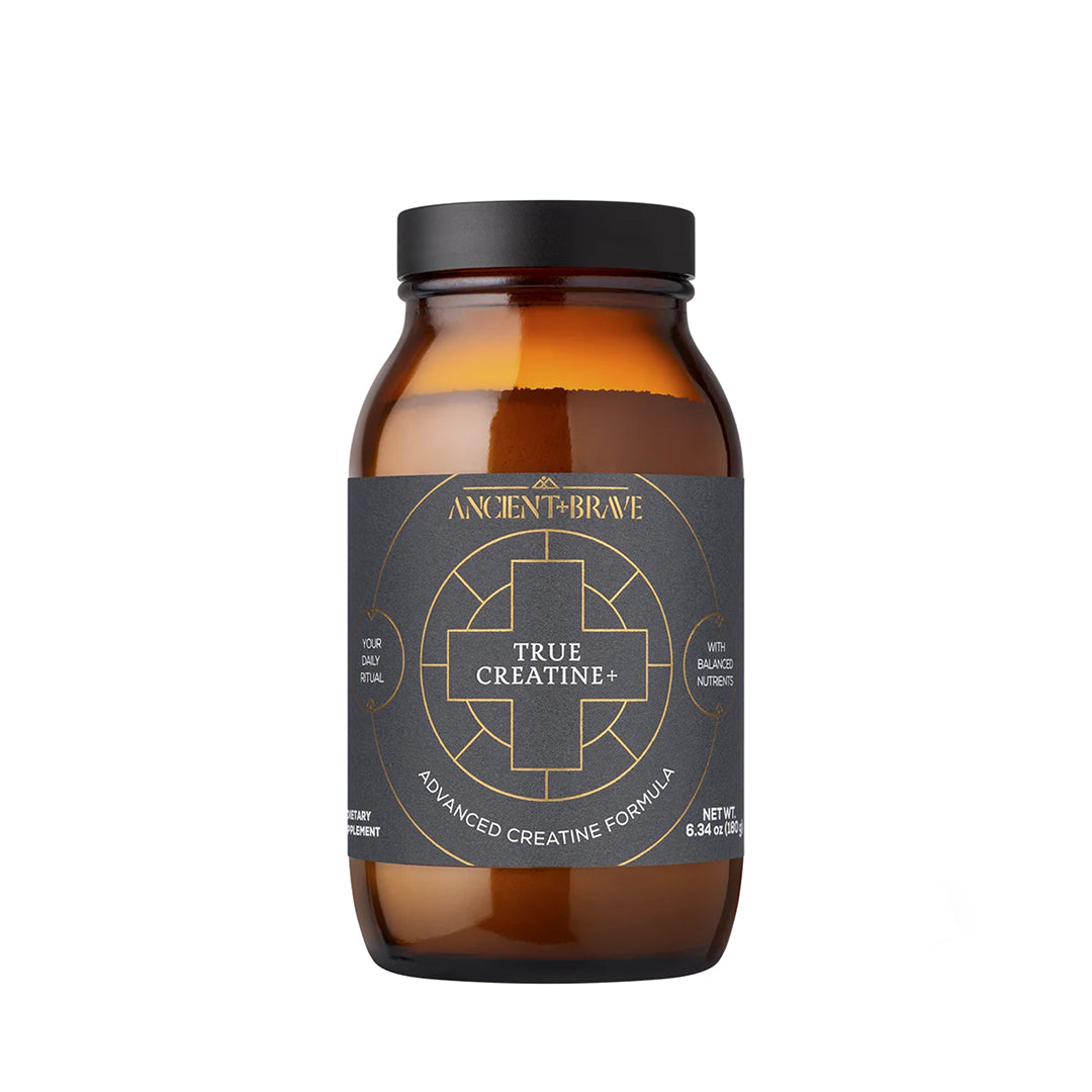 Ancient + Brave | True Creatine+ | Product Image - amber glass jar with black lid on a white background