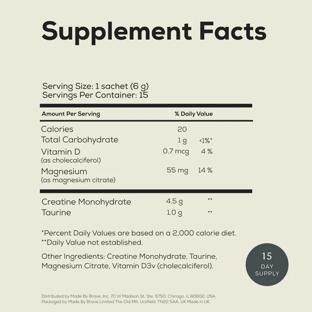 Ancient + Brave | True Creatine+ | Supplement Facts 15-day Supply Image - supplement facts panel for showing serving size, creatine monohydrate, taurine, magnesium, vitamin D3
