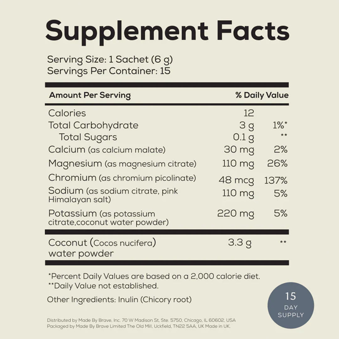 Ancient + Brave | True Hydrate | Packets Supplement Facts Panel - supplement facts panel showing serving size, electrolyte and mineral content, coconut water powder, and other ingredients