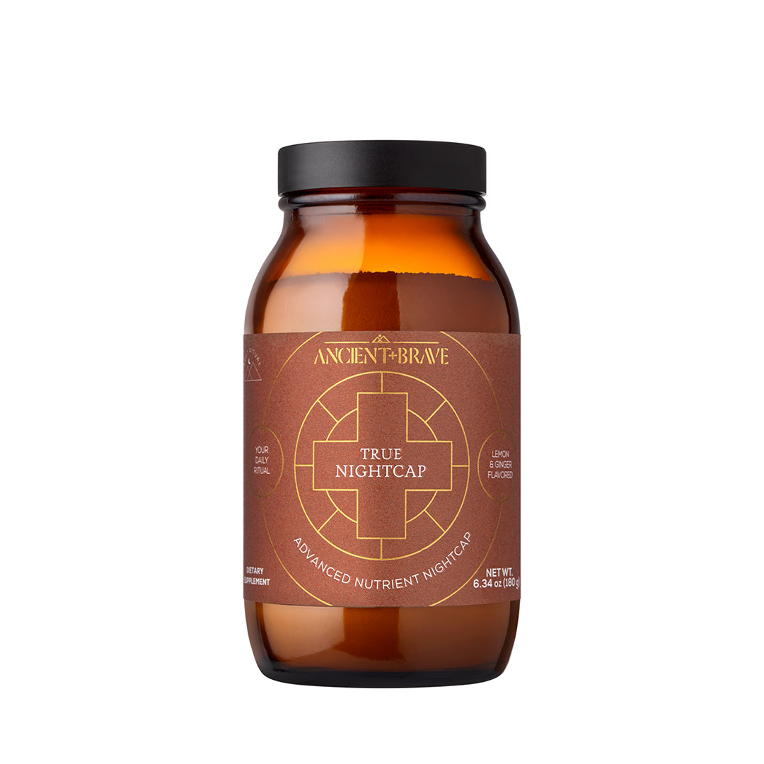 Ancient + Brave | True Nightcap | Product Image - amber glass jar with black lid on a white background