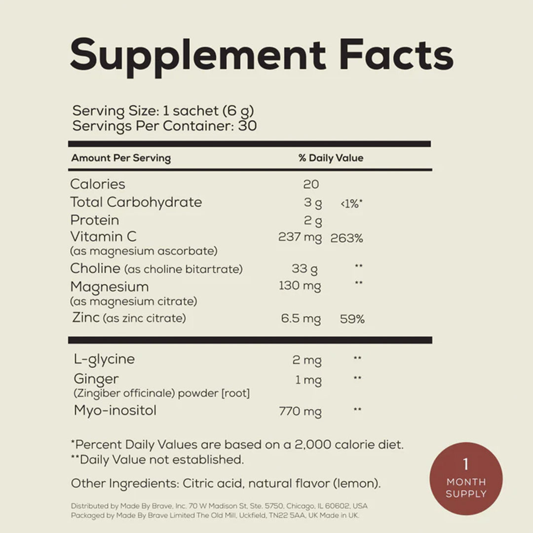 Ancient + Brave | True Nightcap | Supplement Facts 1-month Supply Image - 1 month supply showing serving size, vitamins, minerals, and key ingredients