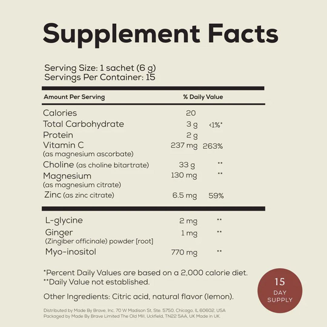Ancient + Brave | True Nightcap | Supplement Facts 15-day Supply Image - 15-day supply showing serving size, vitamins, minerals, and key ingredients