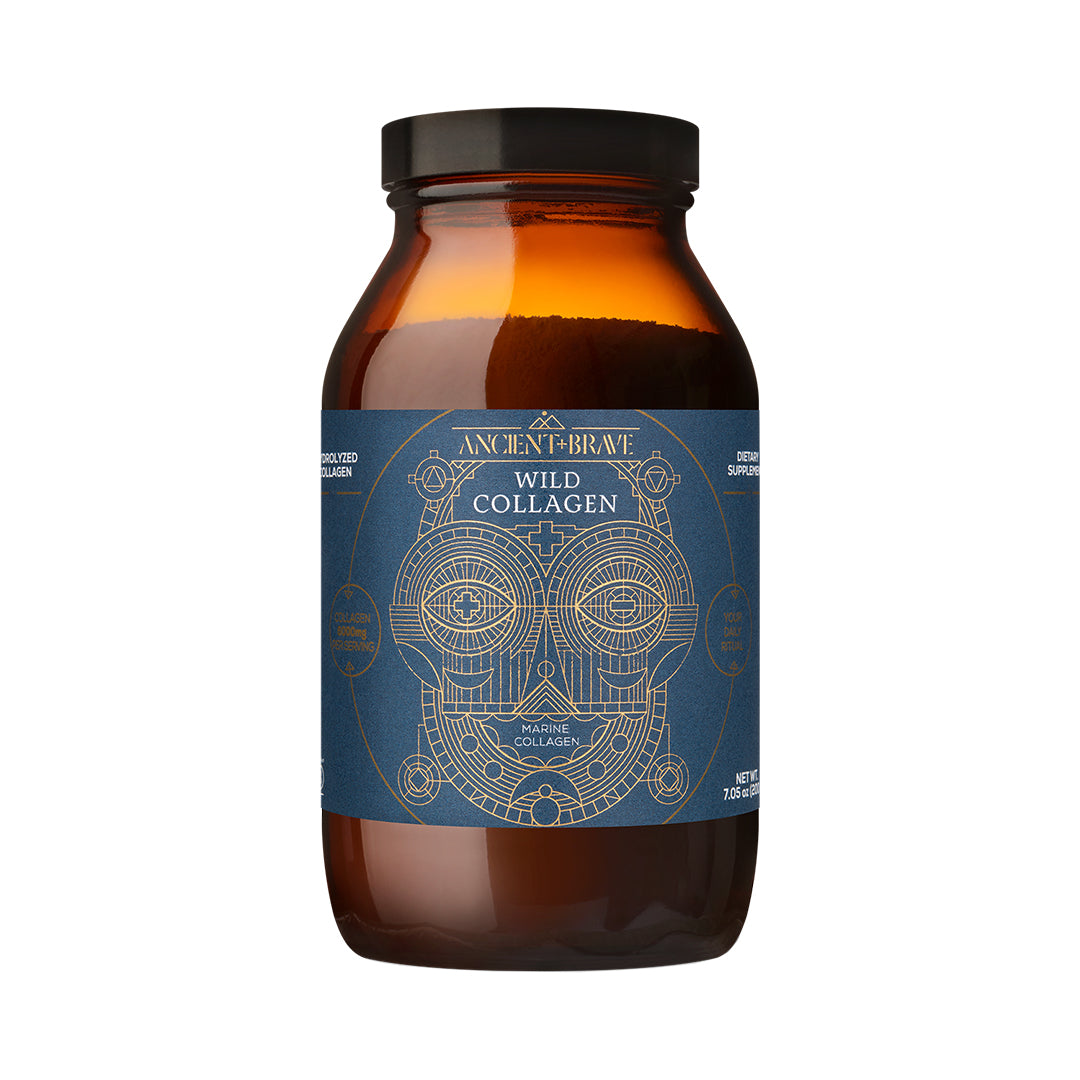 Ancient + Brave | Wild Collagen | Product Image - amber glass jar with a black lid and a blue label shown on a white background