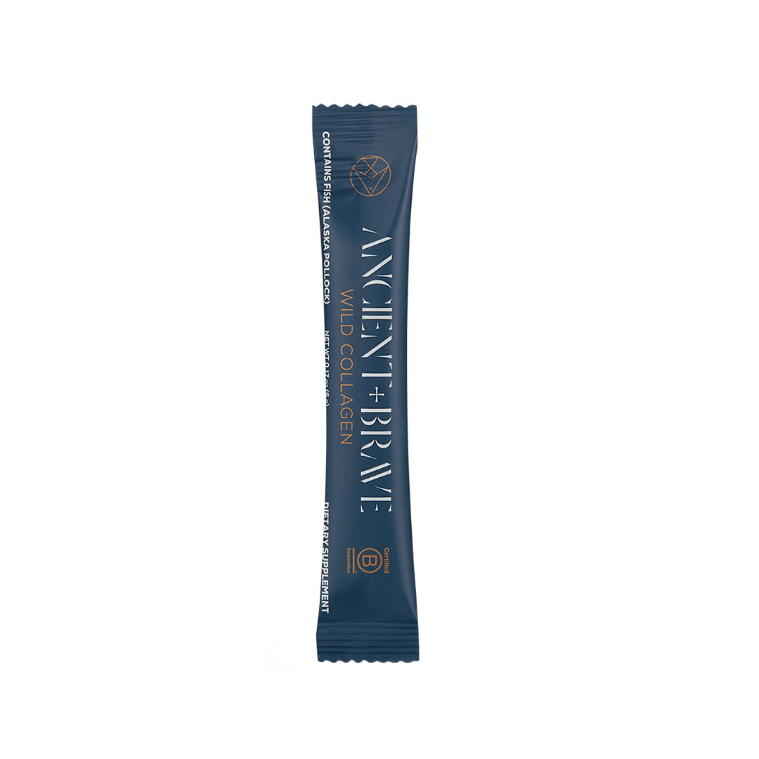 Ancient + Brave | Wild Collagen | Sachet Product Image - single sachet in blue packaging shown on a white background