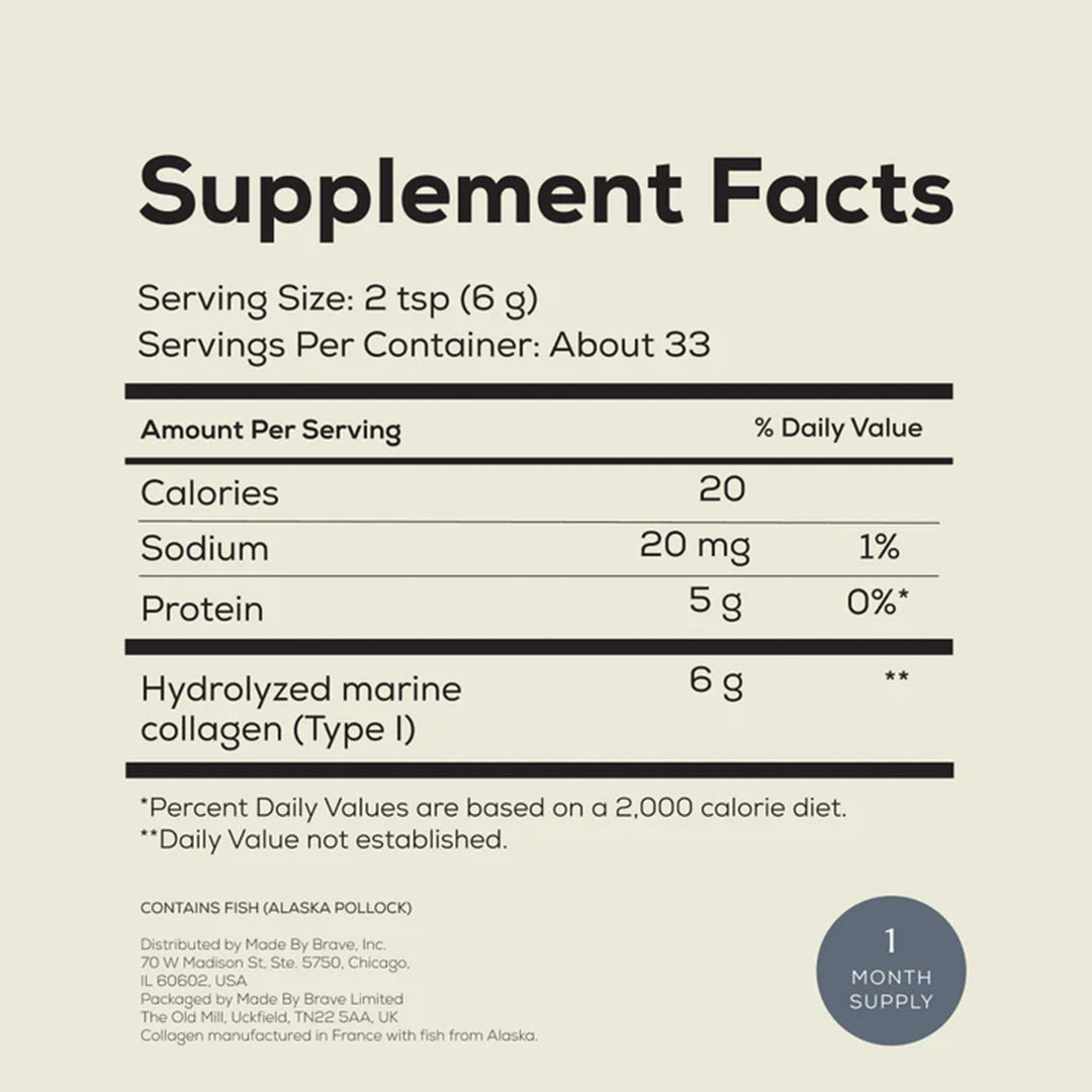Ancient + Brave | Wild Collagen | Supplement Facts Panel - supplement facts panel showing serving size, hydrolyzed marine collagen content, and nutrition information