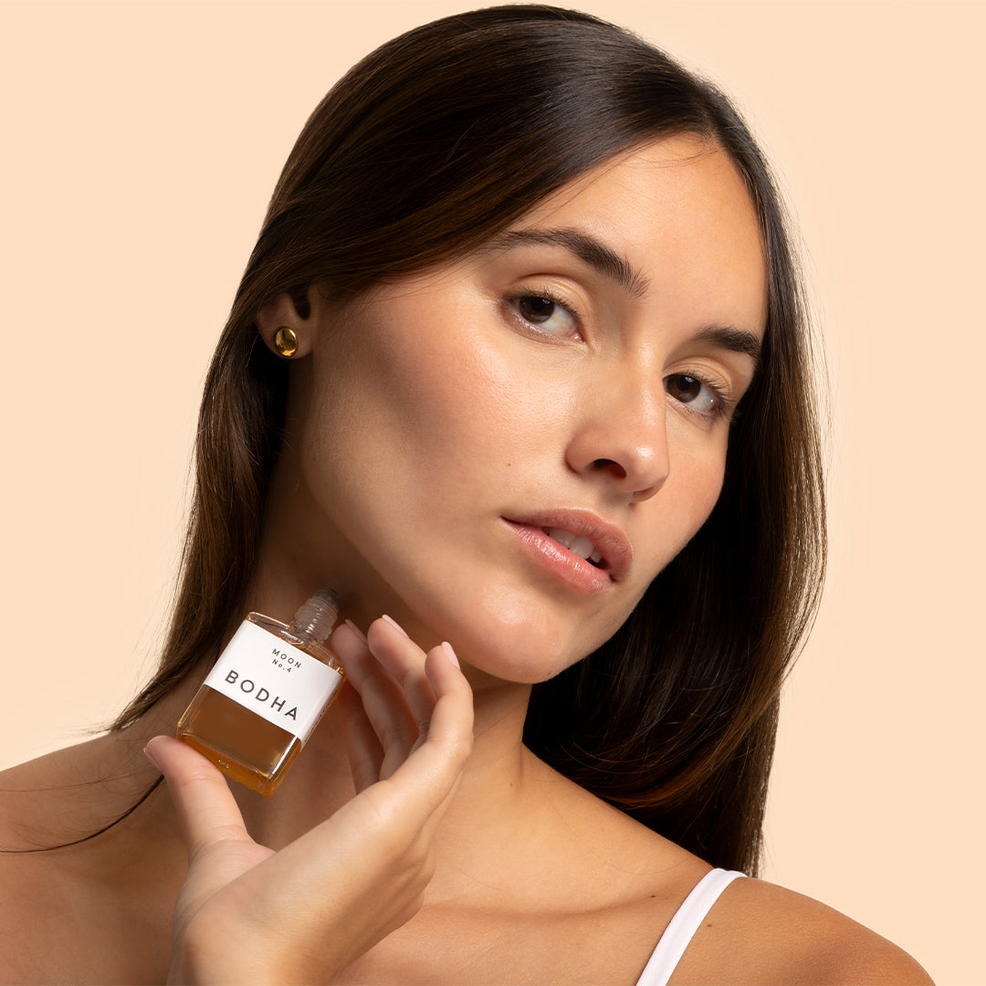 BODHA | Perfume Oil Moon No 4 | Model Image_Oct26 - woman holding perfume near her neck