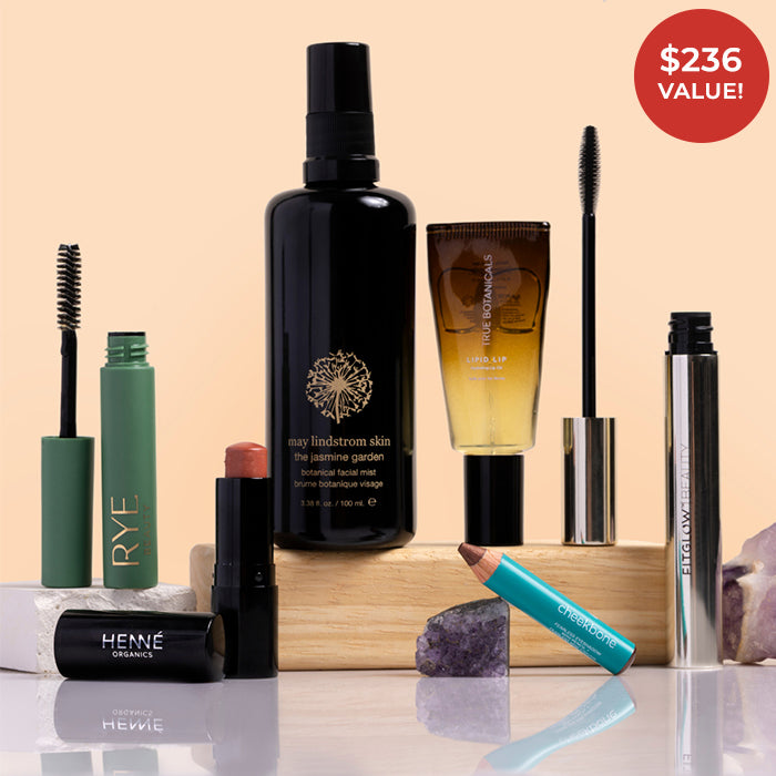 Beauty Heroes | Limited Edition Fall Makeup Discovery | Product Image - collection featuring assorted makeup and beauty products on a peach background
