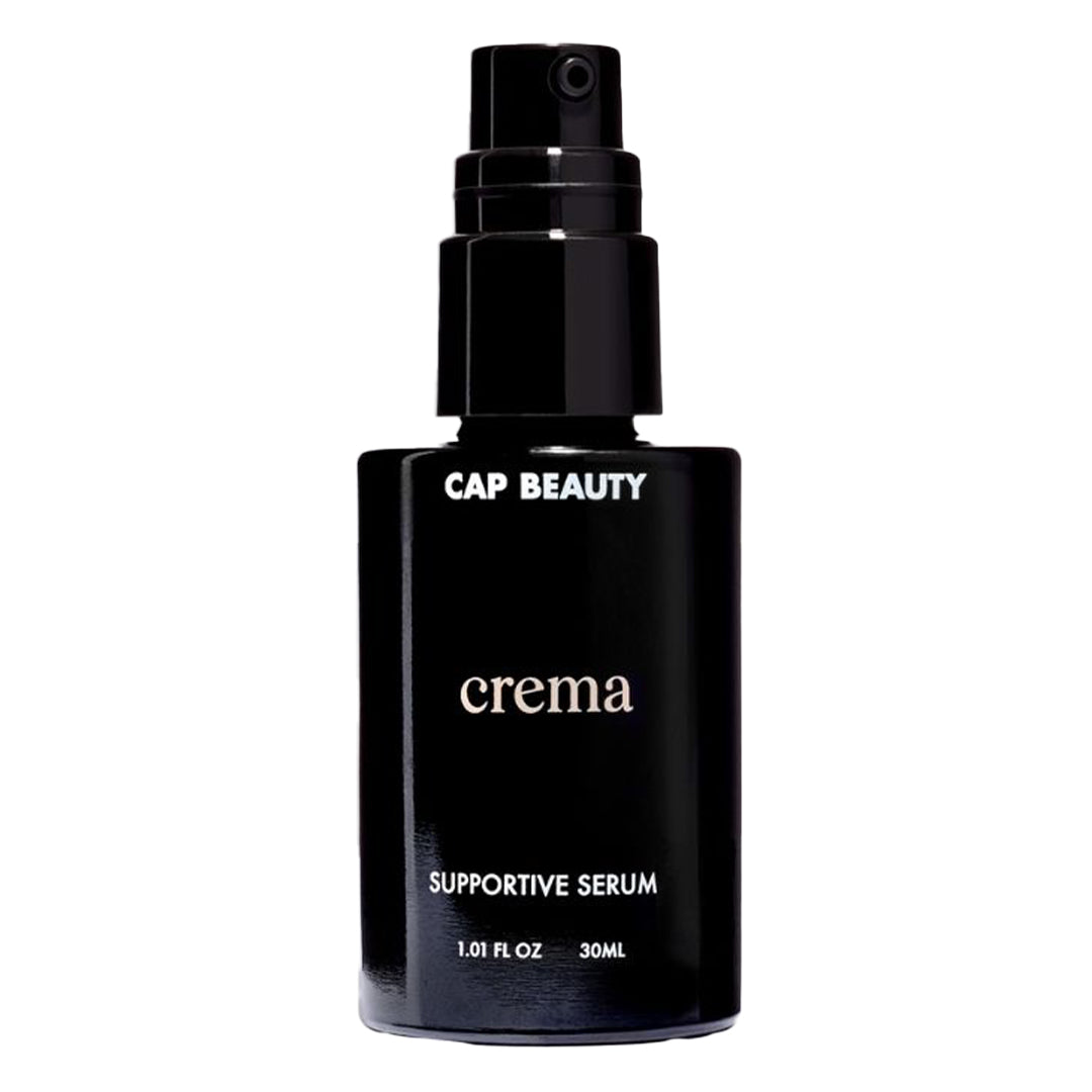 CAP Beauty | Crema Supportive Serum | Product Image - black pump bottle on a white background