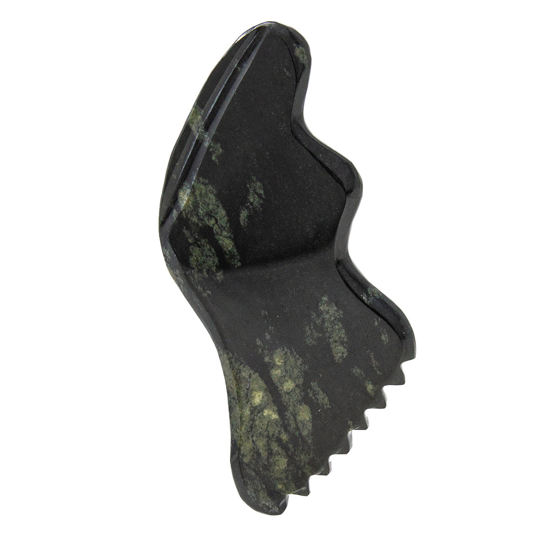 Cecily Braden | CJB Pro Nephrite | Product Image - dark nephrite gua sha tool with green marbling and a scalloped edge on a white background