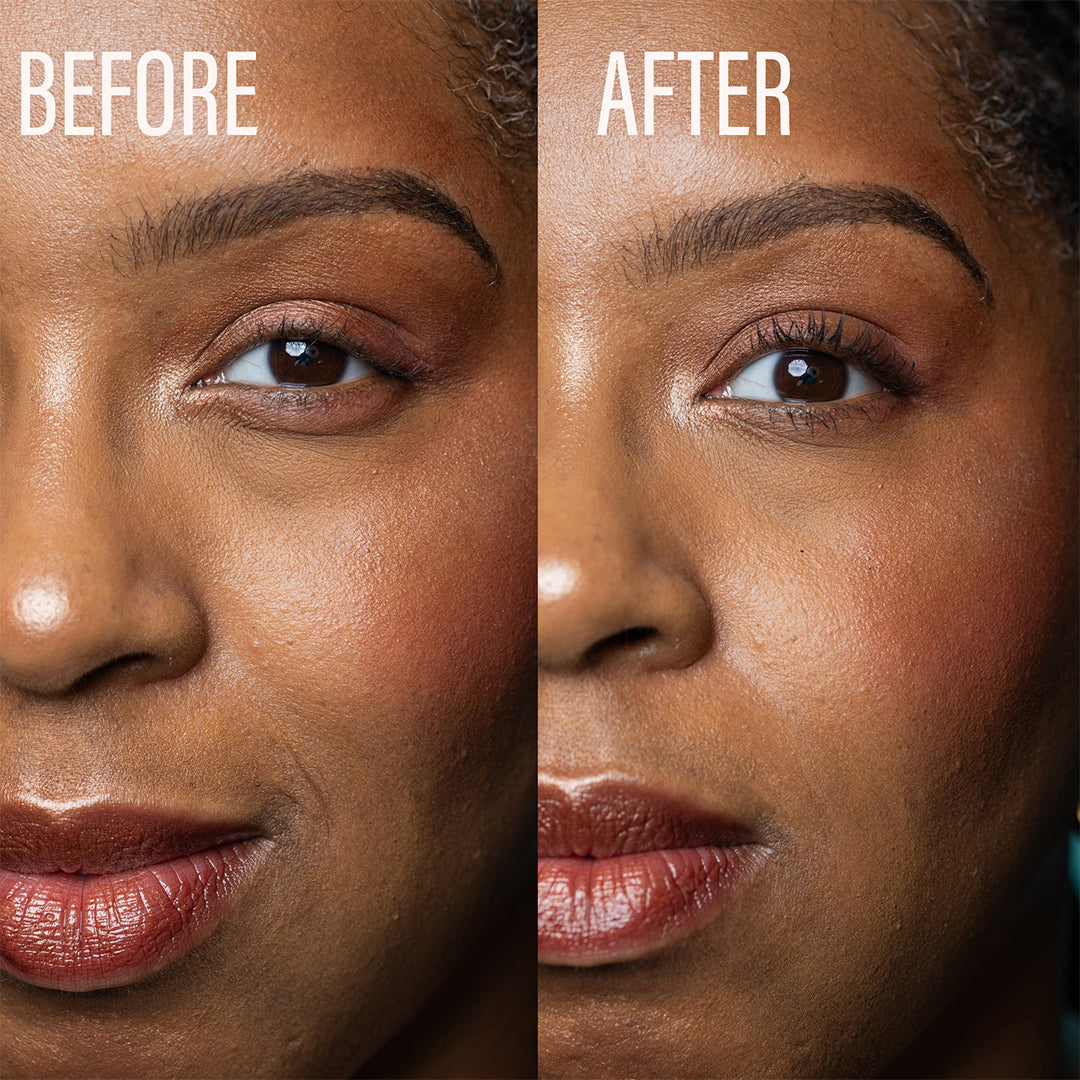 Cheekbone Beauty | Uprise Mascara | Before and After Image - before and after close-up of lashes
