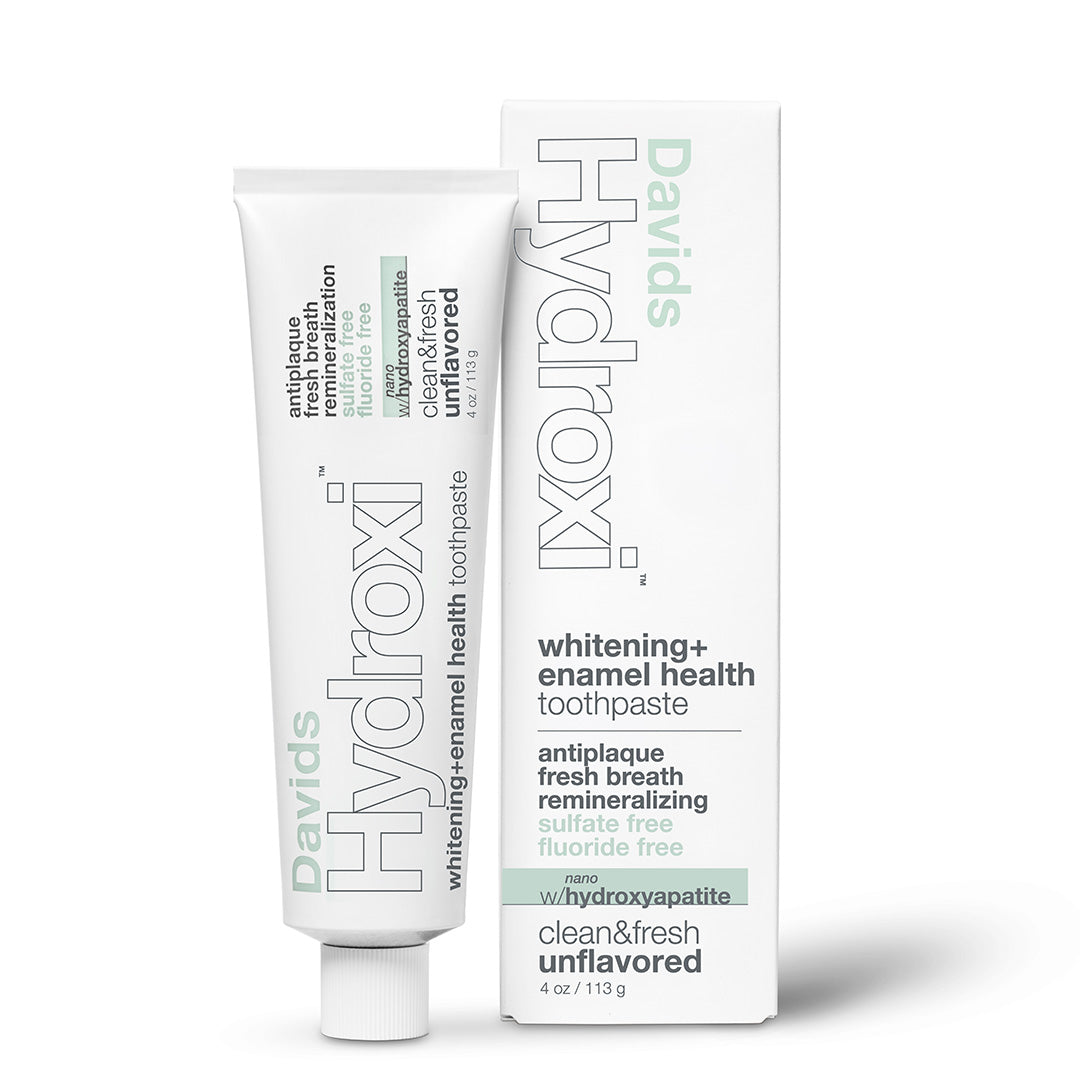 Davids | Hydroxi™ Whitening + Enamel Health Toothpaste Unflavored | Packaging Image - white tube and matching box on a white background