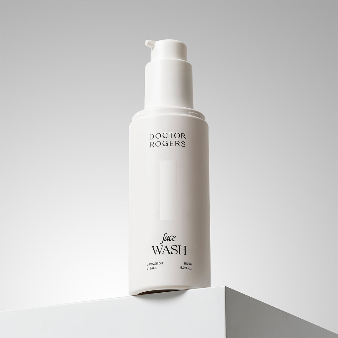 Doctor Rogers | Face Wash | Lifestyle Image - white bottle displayed on a pedestal