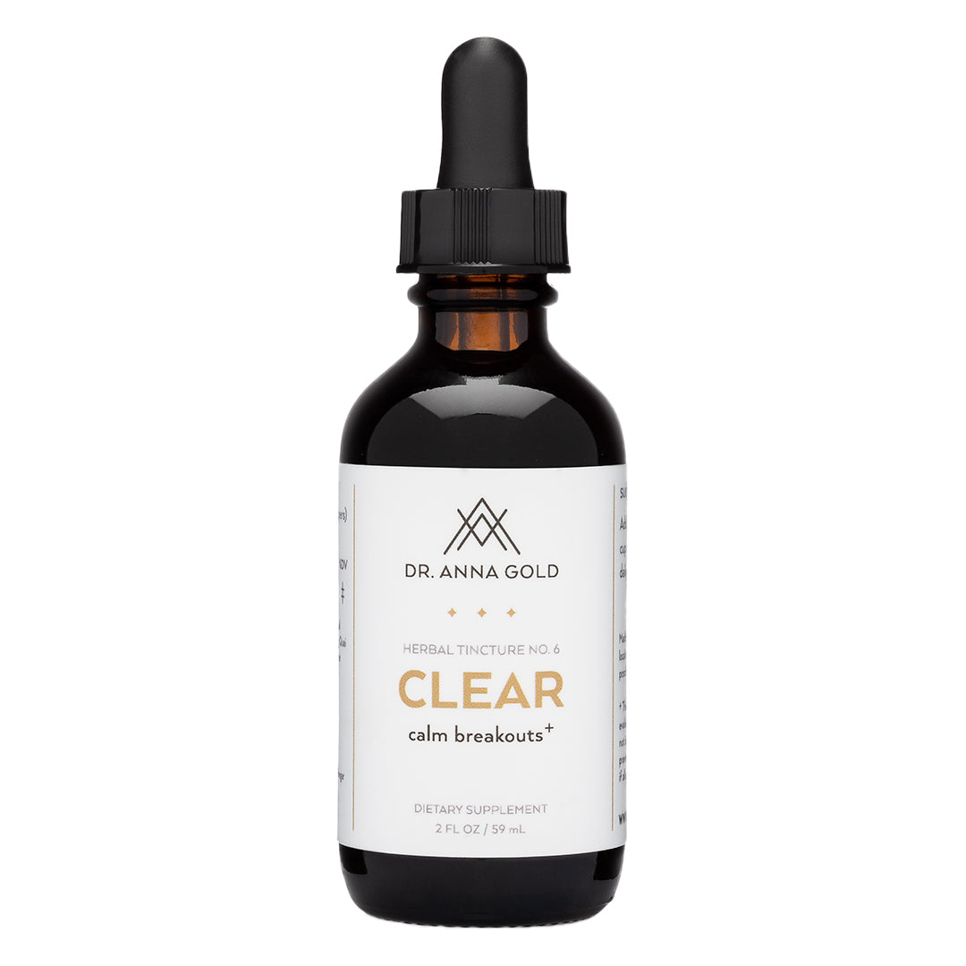 Dr. Anna Gold | Clear | Product Image - herbal tincture amber bottle on a white background