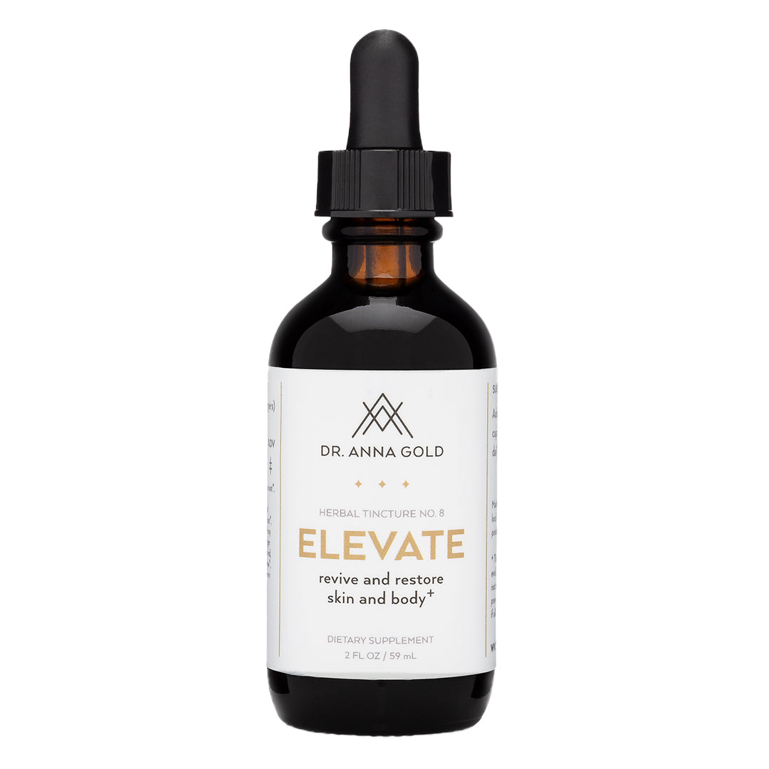 Dr. Anna Gold | Elevate Sleep | Product Image - herbal tincture amber bottle on a white background