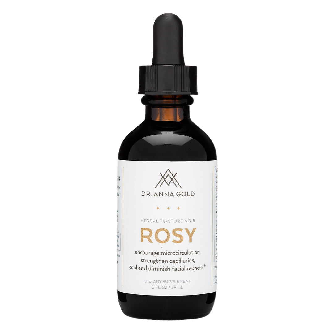Dr. Anna Gold | Rosy | Product Image - herbal tincture amber bottle on a white background