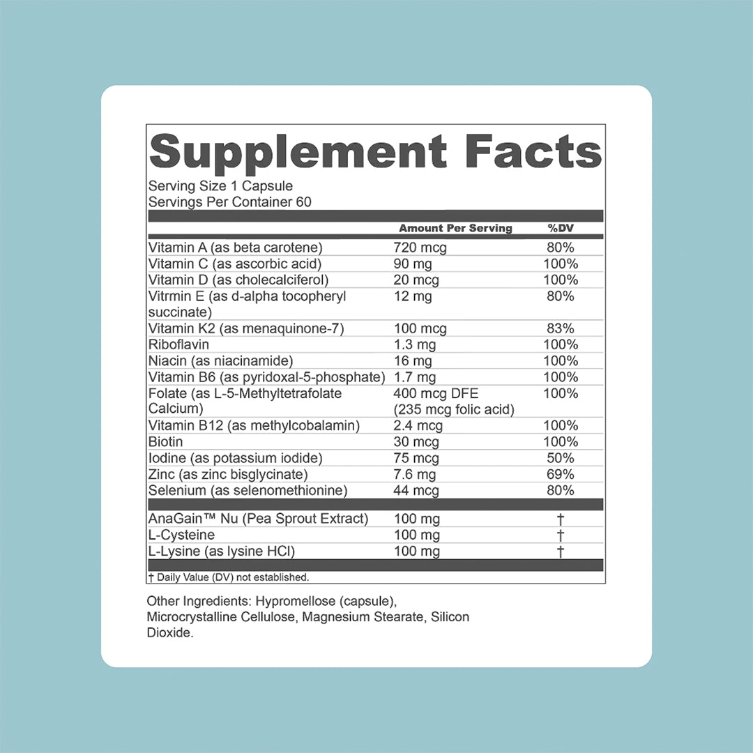 EVOLVh | Better Roots RootBoost Complex | Supplement Panel Image - supplement facts panel showing vitamins, minerals, amino acids, and serving information 