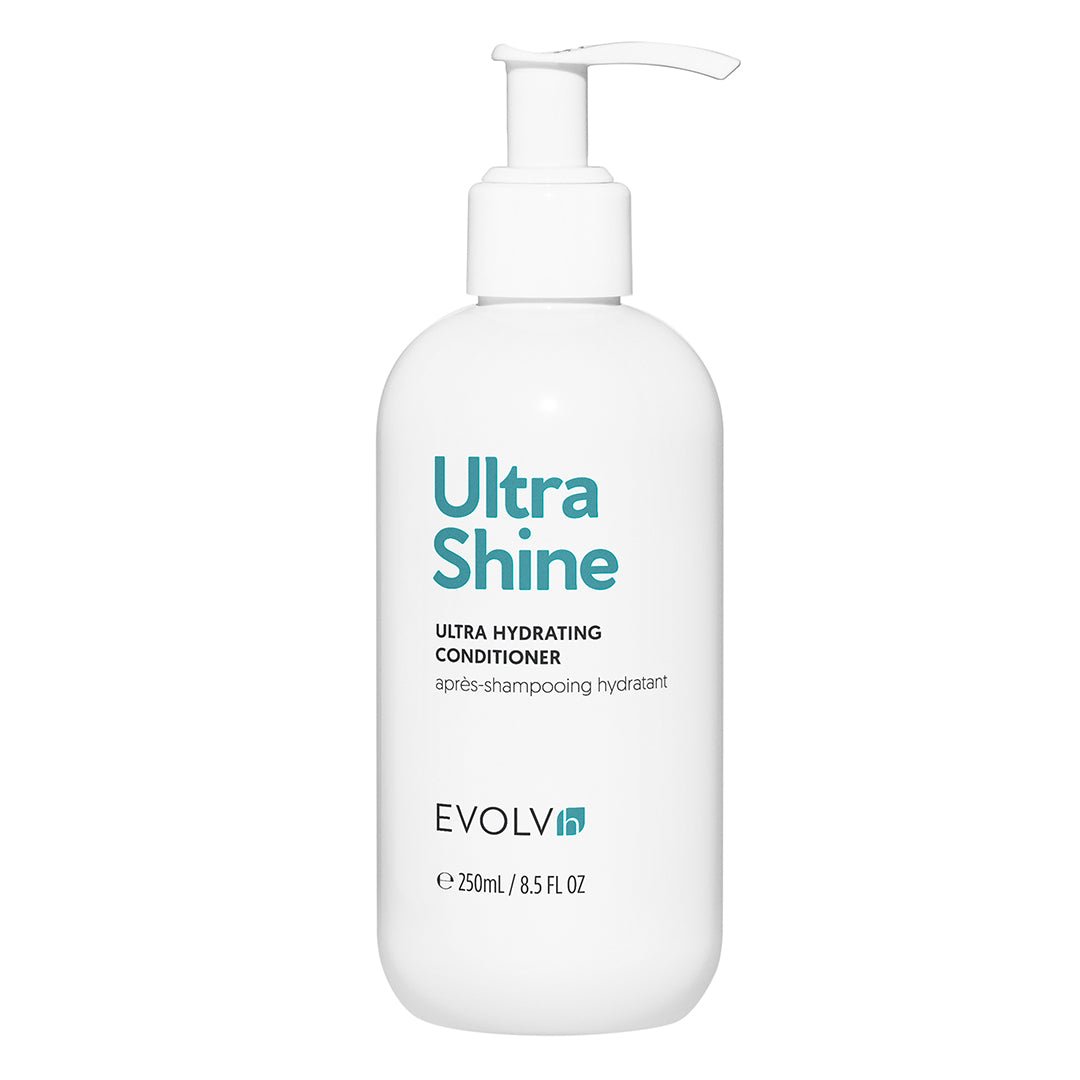 EVOLVh | UltraShine Hydrating Conditioner | Product Image - matte white pump bottle with teal lettering on a white background