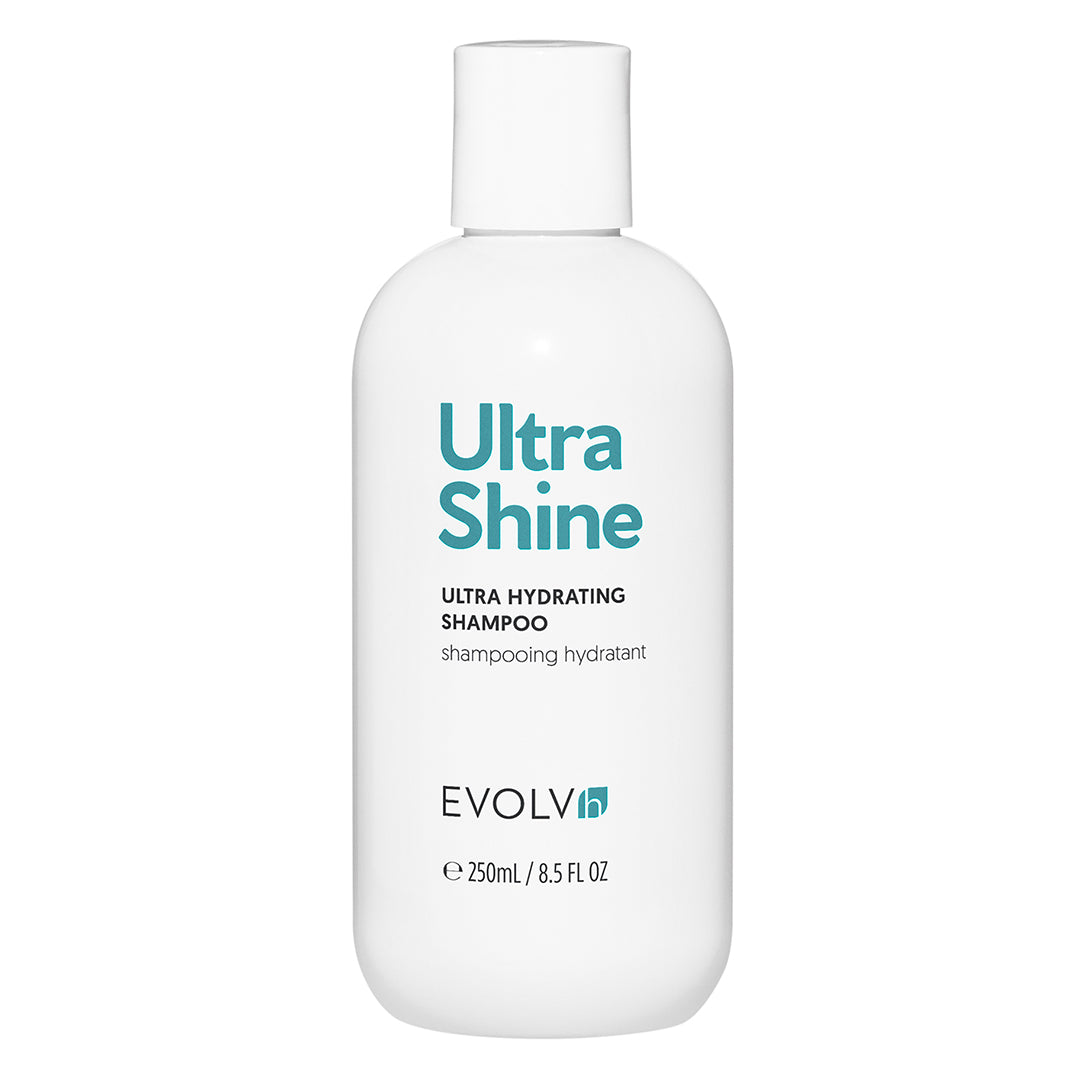 EVOLVh | UltraShine Hydrating Shampoo | Product Image - white bottle with teal lettering on a white background
