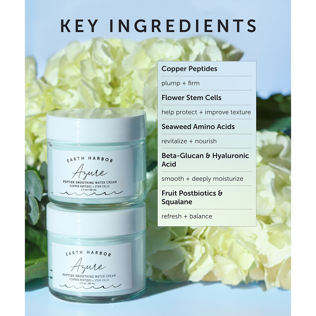 Earth Harbor | Azure Peptide Smoothing Water Cream | Key Ingredients Image - jars with a list of key ingredients against a floral background
