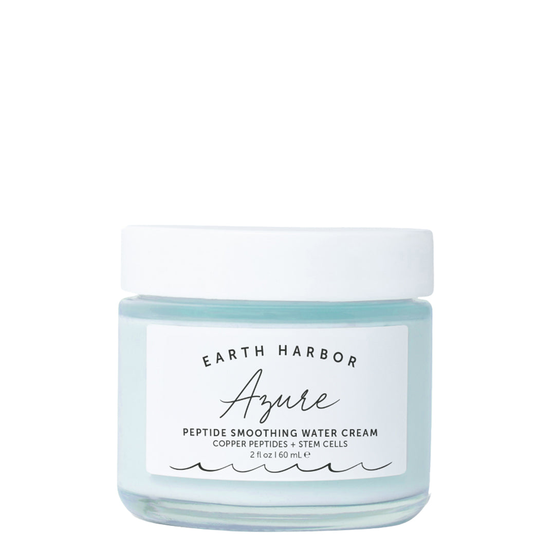 Earth Harbor | Azure Peptide Smoothing Water Cream | Product Image - light blue jar with a white lid on a white background