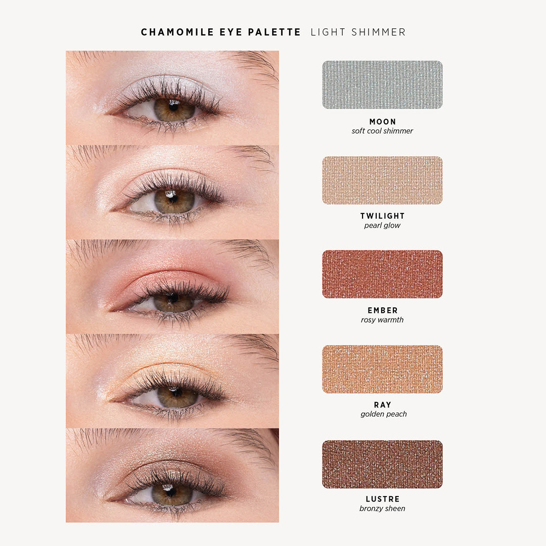 Ere Perez | Chamomile Eye Palette Light Shimmer | Swatch Image -eye palette Light Shimmer shade chart showing five eye looks with coordinating swatches in Moon, Twilight, Ember, Ray, and Lustre