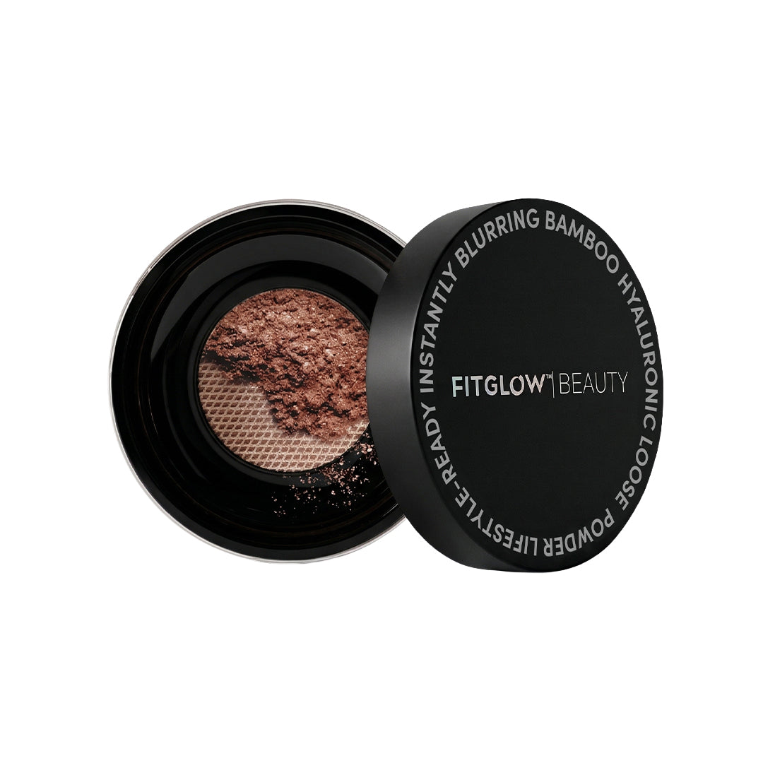 Fitglow Beauty | Vita Illuminate + Bronze Powder | Product Image -  open black compact on a white background