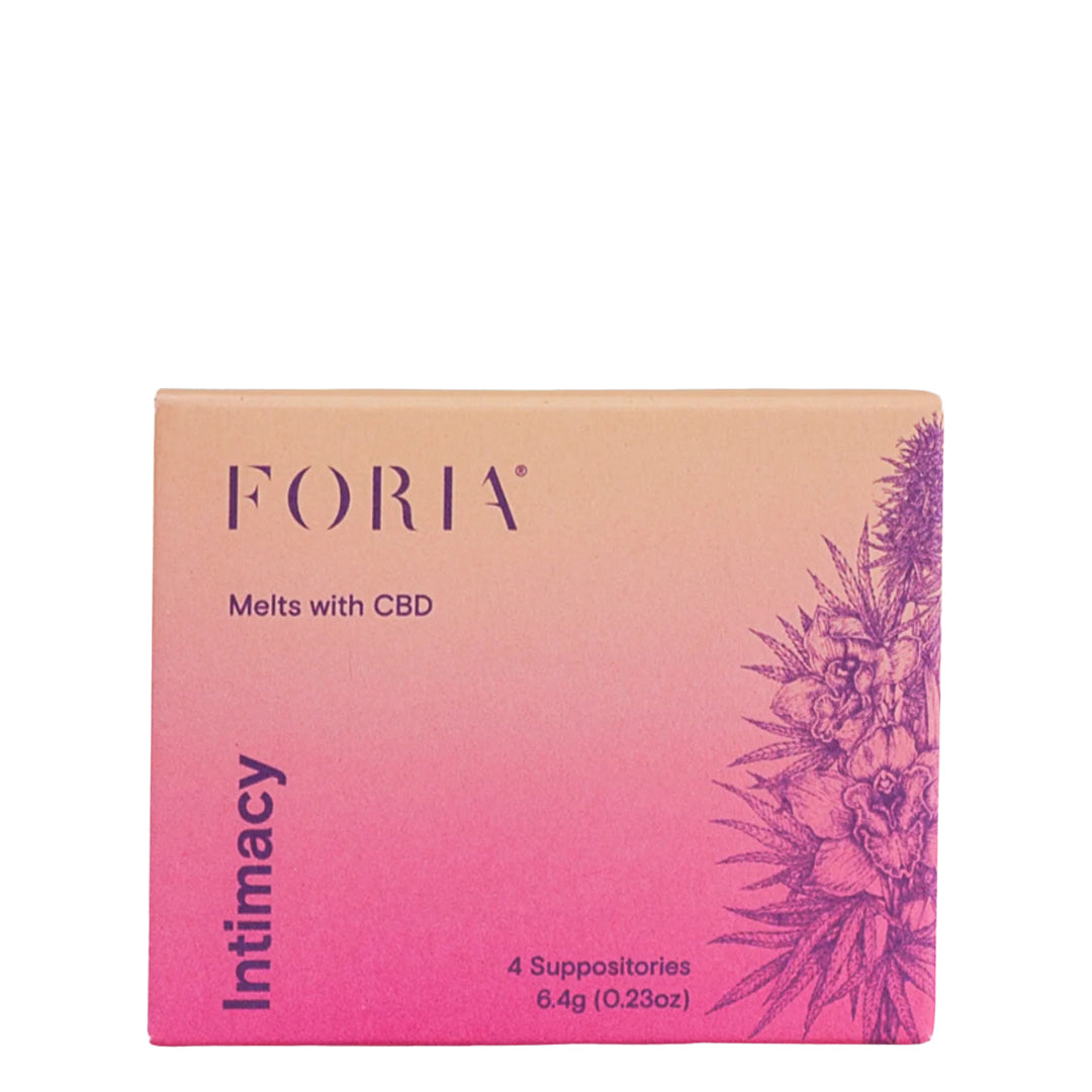 Foria | Intimacy Melts | Product Image - rectangular pink-to-peach gradient box with dark purple lettering and a purple floral illustration along the right side, shown on a white background