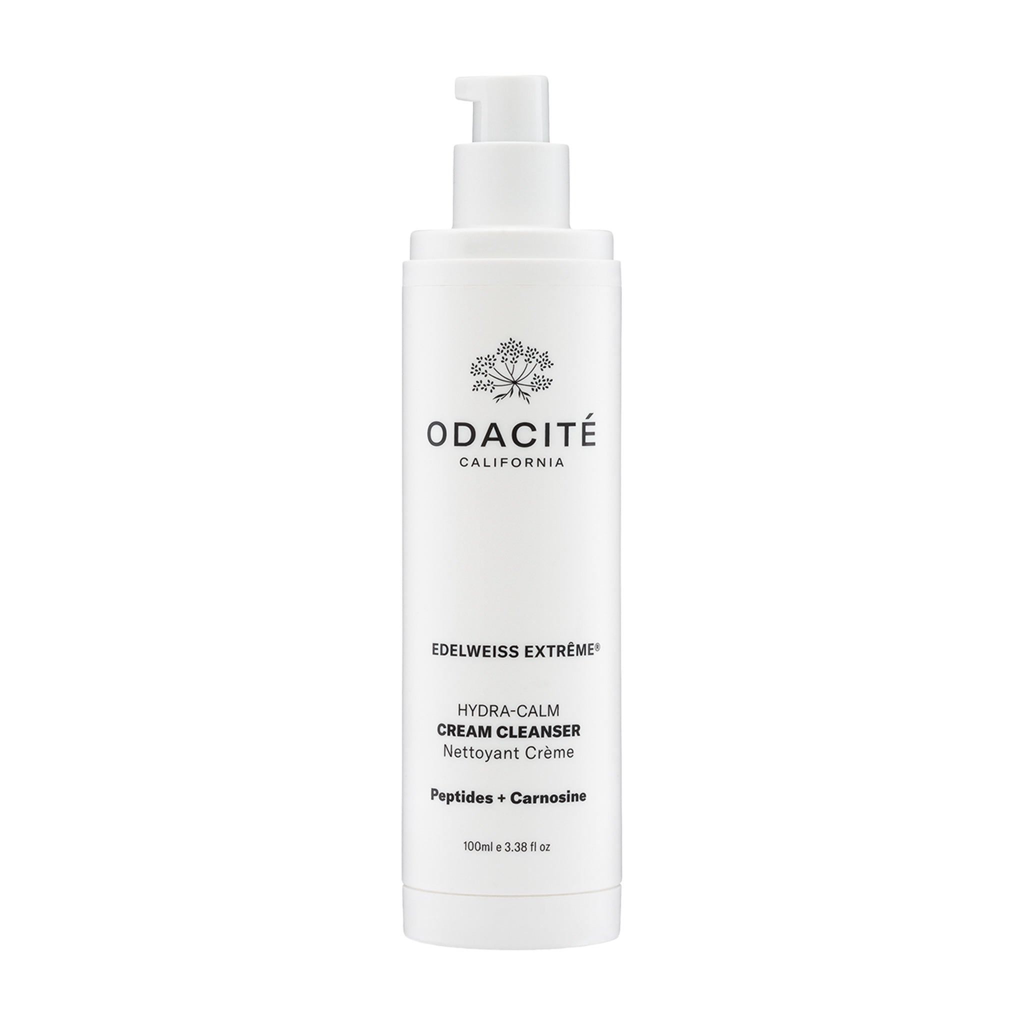 Odacité white bottle with product name Edelweiss Extreme Hydra-Calm Cream Cleanser