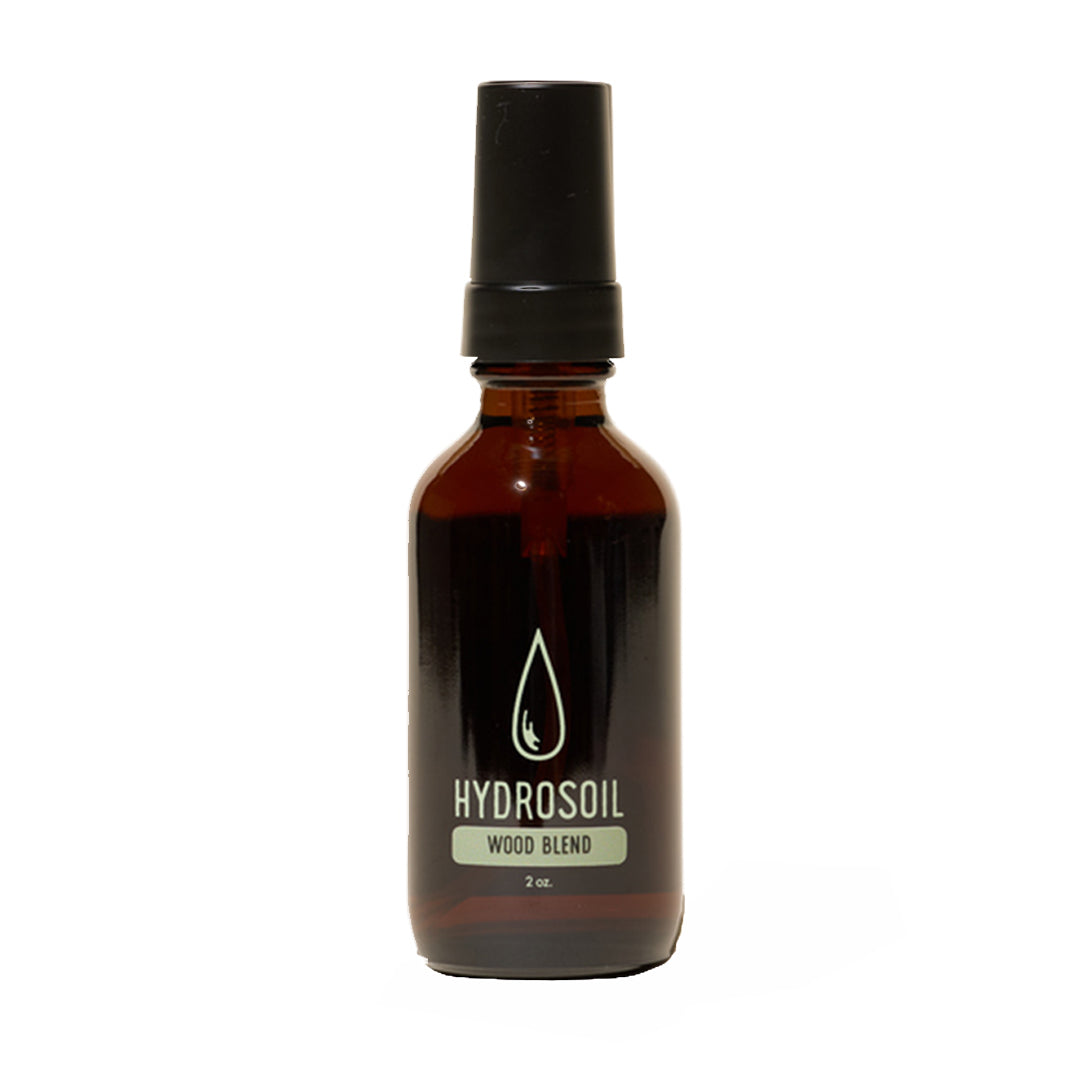 Hydrosoil | Wood Blend Mist 2 oz | Product Image - spray bottle with amber glass packaging on a white background