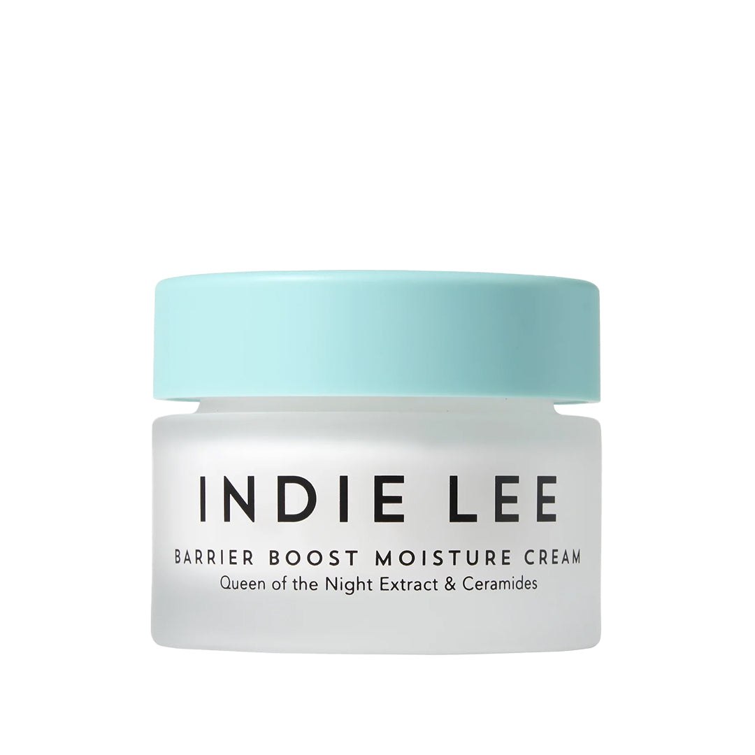 Indie Lee | Barrier Boost Moisture Cream | Product Image - frosted glass jar with a soft aqua lid, shown against a white background