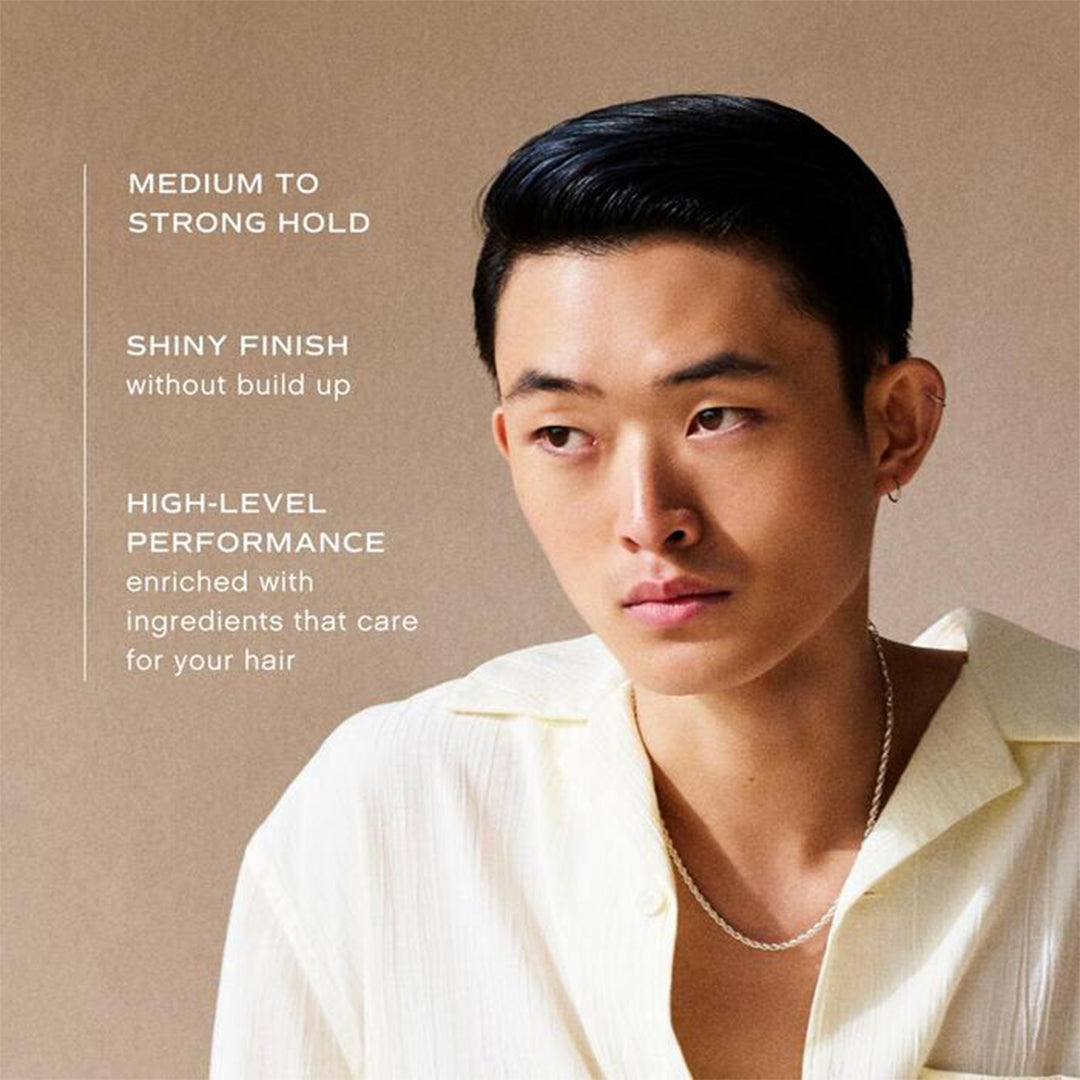 Innersense Organic Beauty | Inner Reflection Sculpting Pomade | Model Image 4 - model with slicked-back hairstyle beside text describing medium to strong hold and shiny finish benefits