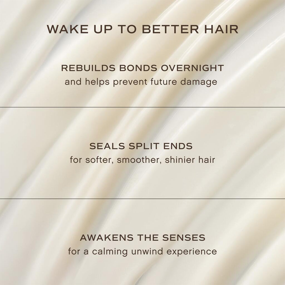 Innersense Organic Beauty | Overnight Repair Serum | Benefits Image - graphic highlighting benefits including overnight bond repair, smoother-looking hair, sealed split ends