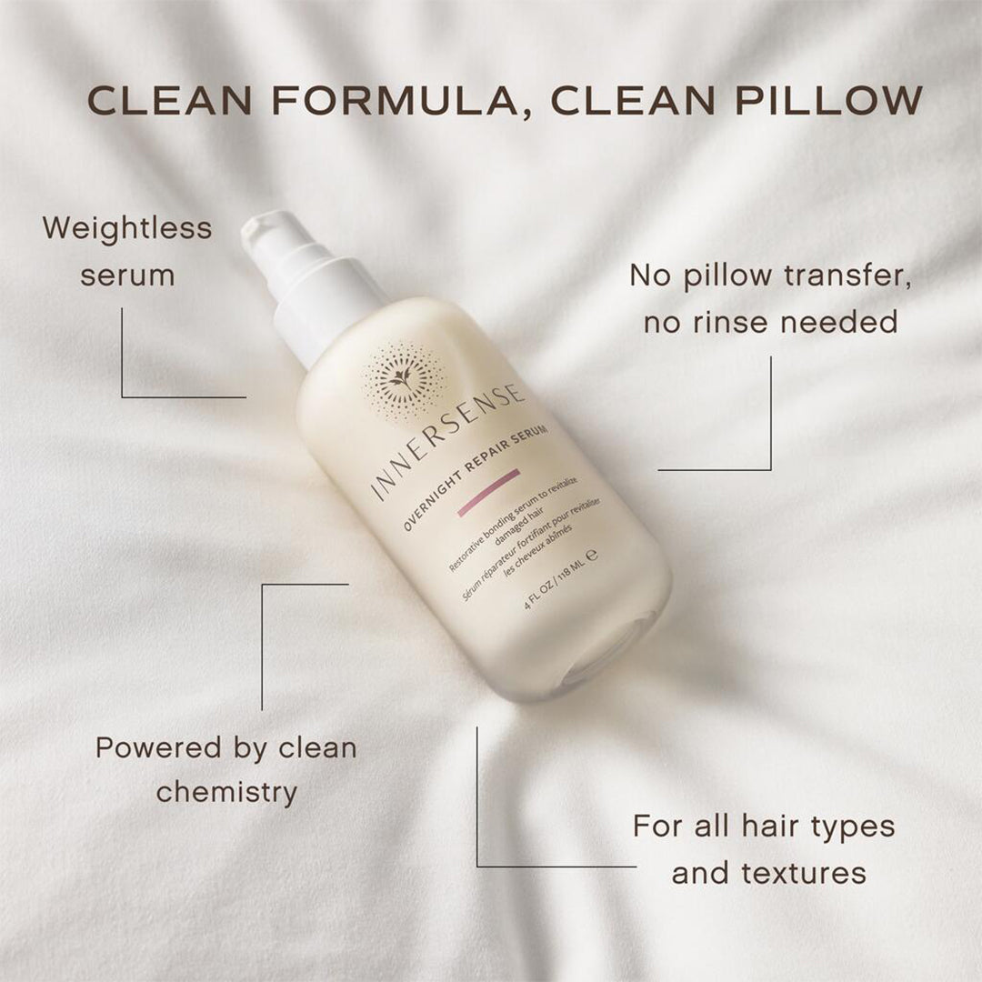 Innersense Organic Beauty | Overnight Repair Serum | Formula Image - botlle on a white fabric highlighting its lightweight formula, no pillow transfer, and suitability for all hair types and textures