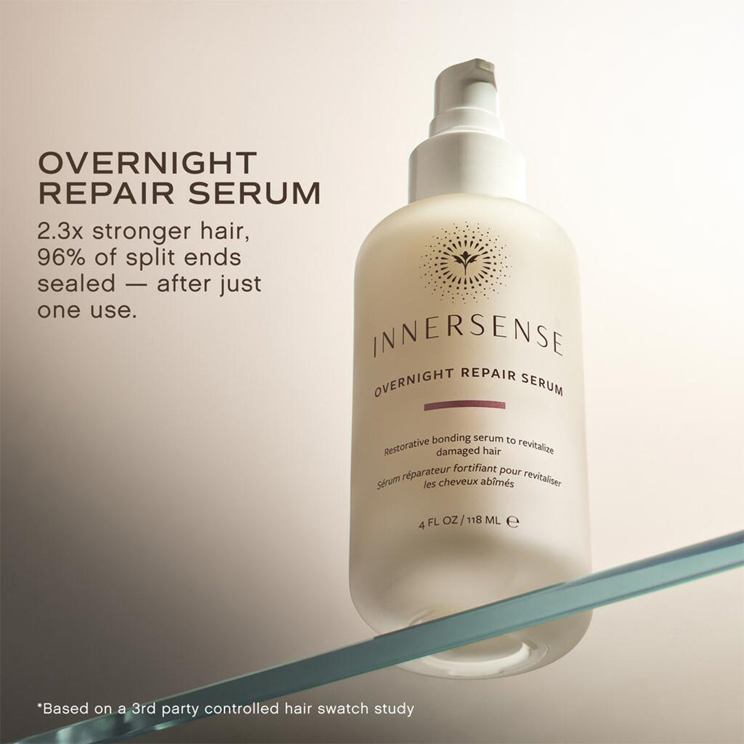 Innersense Organic Beauty | Overnight Repair Serum | Product Image B - ivory pump bottle with text highlighting stronger-looking hair and sealed split ends after one use