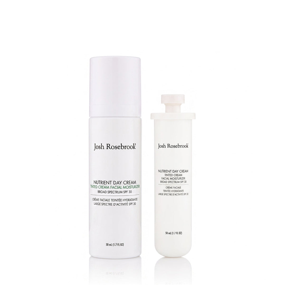 Josh Rosebrook | Tinted Nutrient Day Cream SPF 30 50 ml and Refill | Product Image - bottle with refill cartridge on a white background