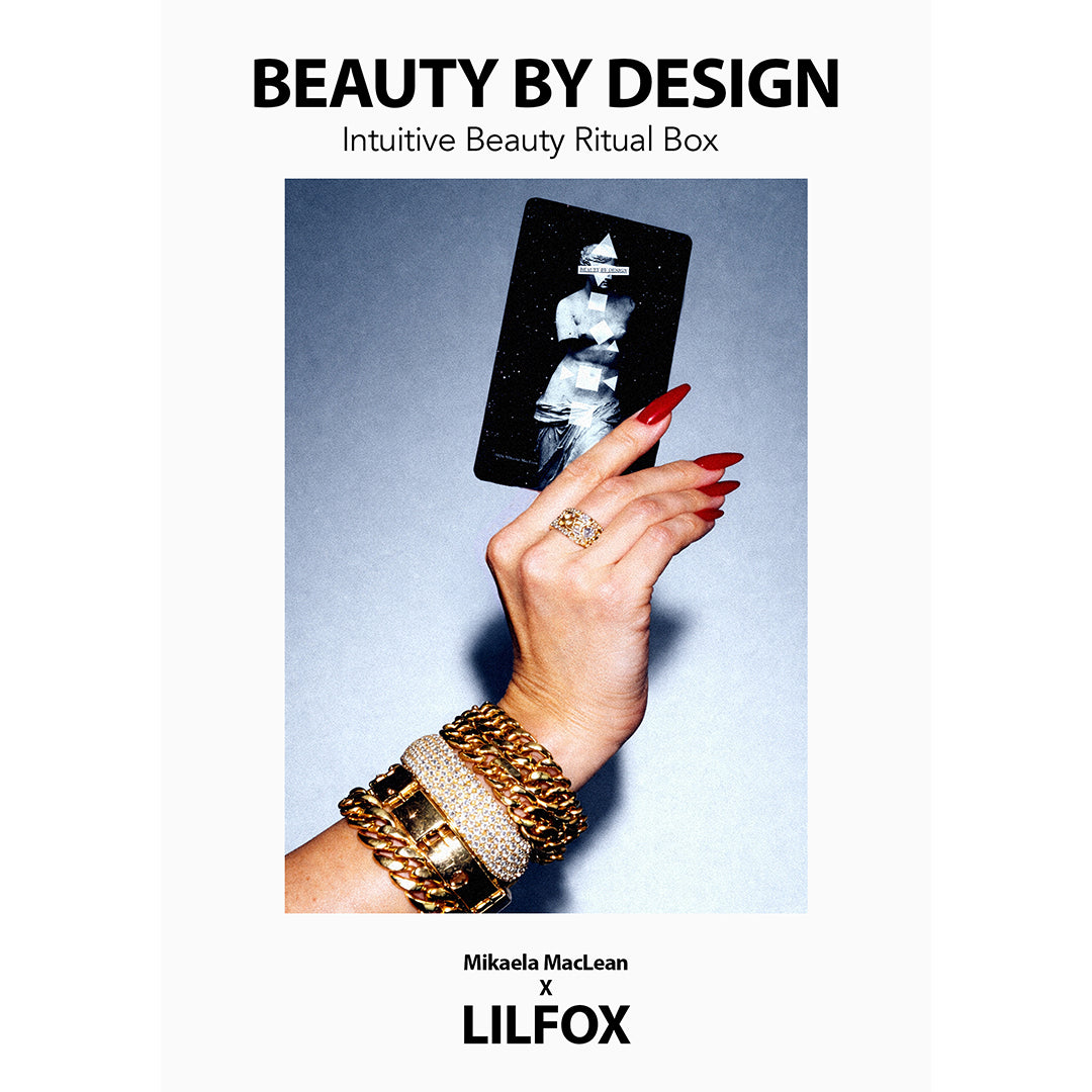 LILFOX | Beauty by Design Intuitive Beauty Oracle Cards | In Hand Image2 - Hand holding card with gold jewelry and red nails