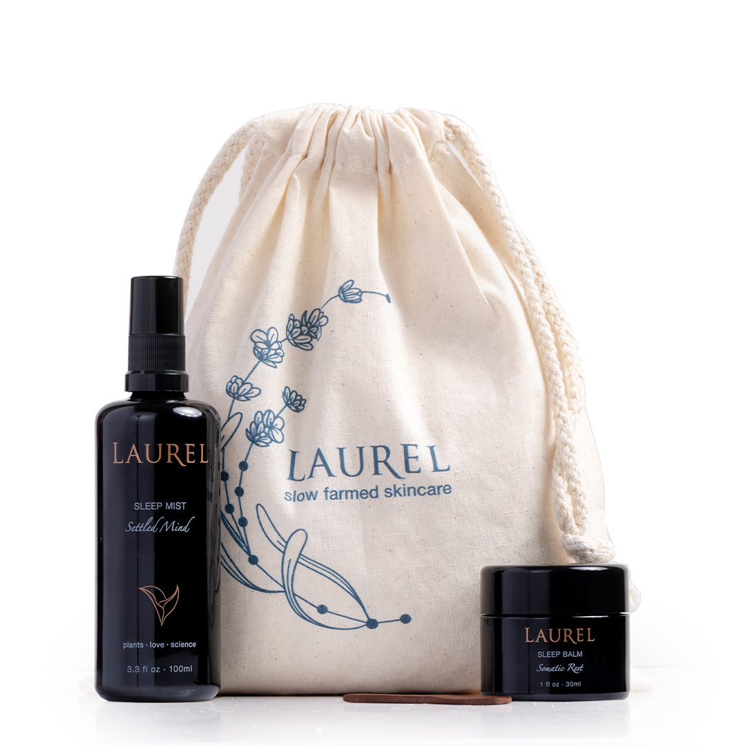 Laurel Skin | Sleep Set | Product Image - Laurel Sleep Mist and Sleep Balm with branded drawstring bag on a white background