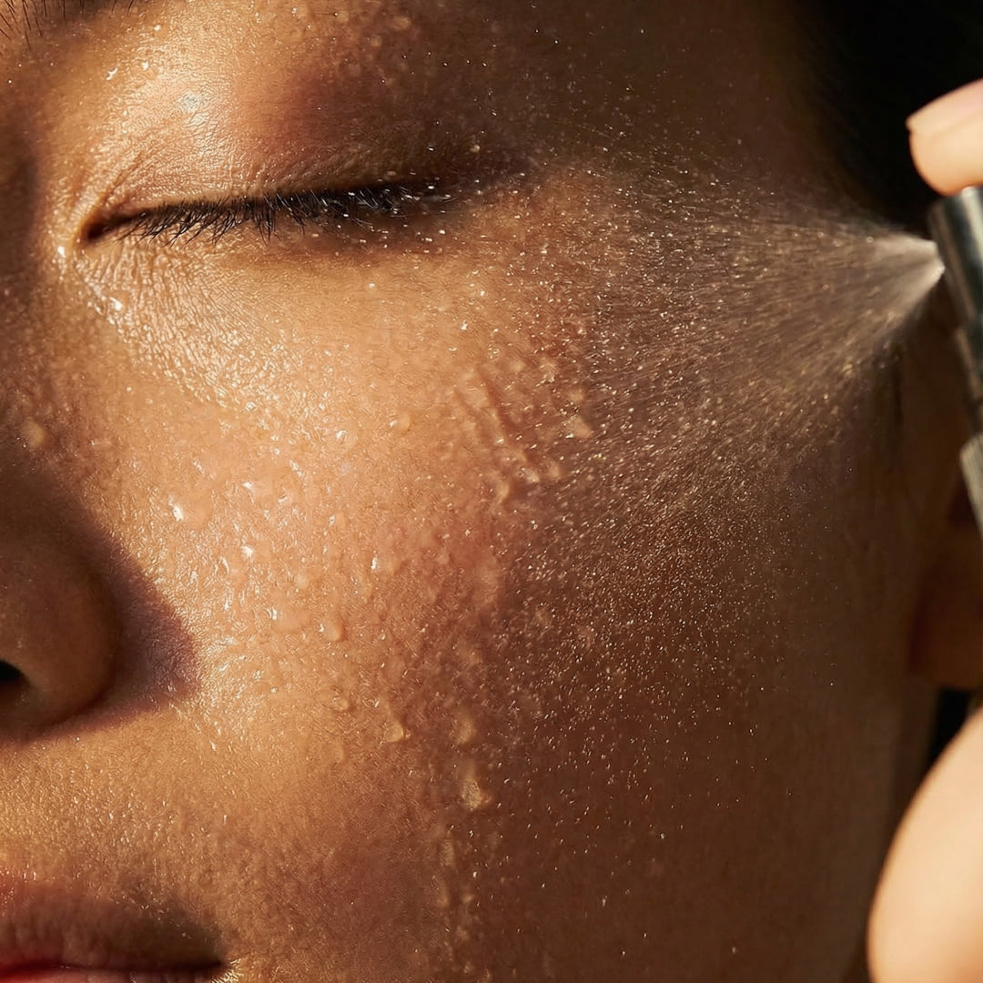 Le Prunier | Plum Spritz Dual-Phase Barrier Mist | Closeup Image - mist being sprayed onto glowing skin with visible water droplets across the cheek and eye area
