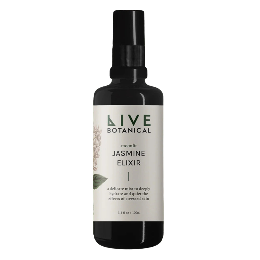 Live Botanical | Moonlight Jasmine Elixir 100ml | Product Image - black glass spray bottle with botanical artwork on the label, shown against a white background