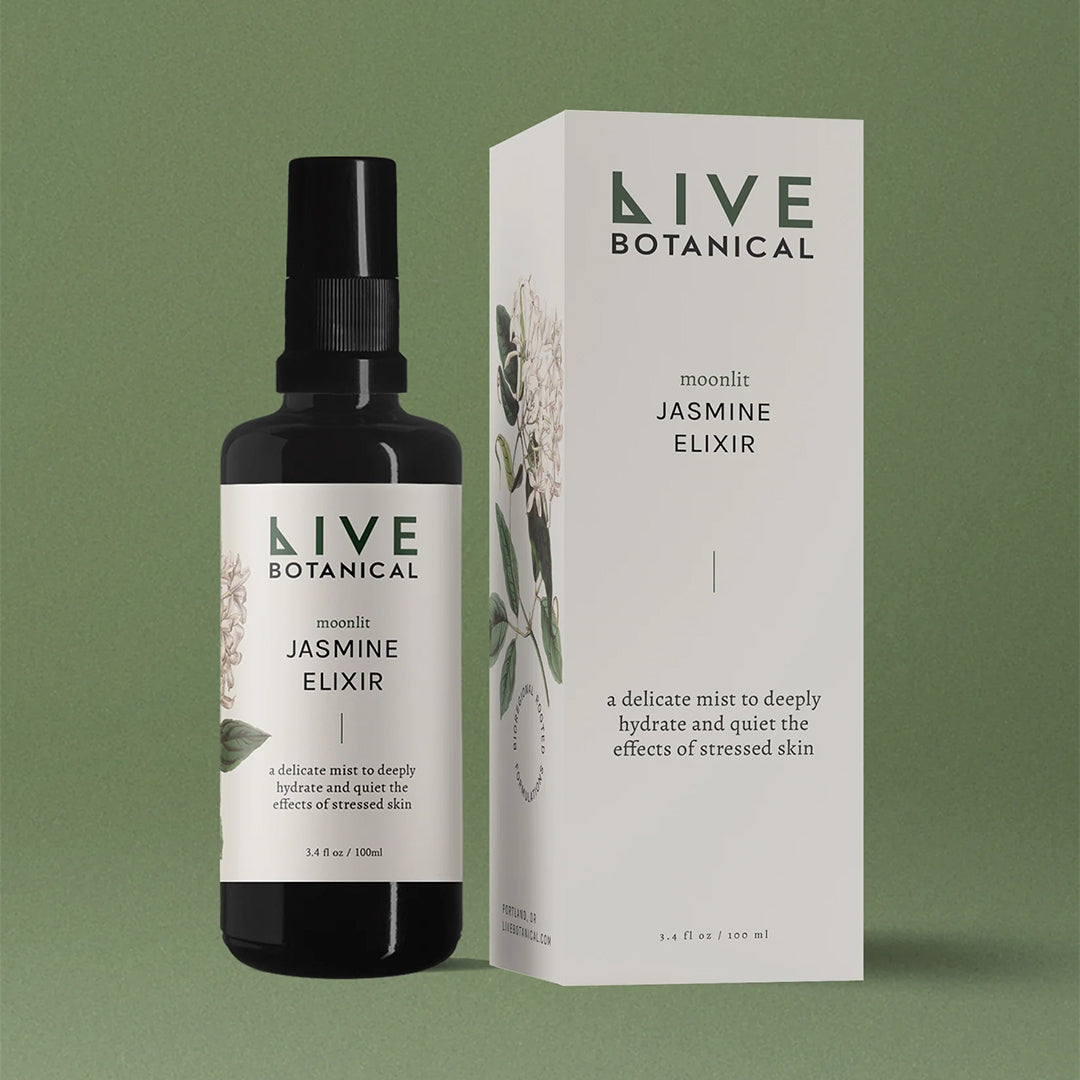 Live Botanical | Moonlit Jasmine Elixir | Packaging - displayed beside its packaging against a green background